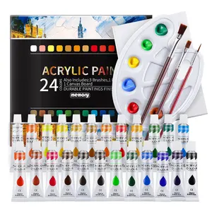 12ml 24色アクリル絵の具セット3本のブラシとパレットプロ品質