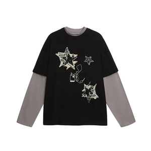 T-Shirt Vintage a Due Pezzi a Maniche Lunghe 100% Cotone Pesante con Stampa Grafica a Stelle Streetwear Unisex Oversize con Logo Personalizzato - Product Image 3