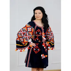 Viering Bohemian Style Tassel Decor Wijde Mouw Mini Jurk Breezy Oekraïense Zware Geborduurde Tuniek Mexicaanse Kaftan Jurk