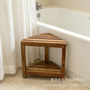 Shi Miao - Tabouret de salle de bain en bois, étagère d'angle à double niveau, en bois massif, imperméable, pour rangement dans les salles de bain - Product Image 2