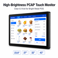 Écran tactile capacitif PCAP de 23,8, 27, 32, 43 pouces, haute luminosité, interface VGA USB RS232, vente en gros, pour point de vente (PDV)