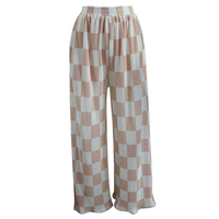 Pantalons amples en soie froissée pour femmes, vente en gros personnalisée, pantalon long décontracté d'été, motif à carreaux, taille élastique