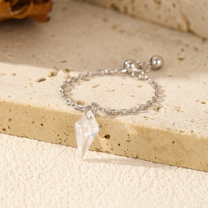S925 Silver Pyramid <b>Crystal</b> <b>Ring</b> Minimalist Adjustable Chain Bead Unisex Everyday Wear Silver Pull Chain Charm <b>Ring</b> - Product Image 3