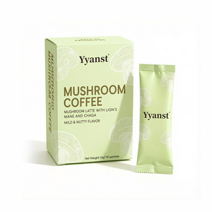 กาแฟลาเต้เห็ดชากาและเห็ดหลินจือ รสอ่อนโยน บรรจุ 10 กรัม*10 ซอง กล่องสีเขียวอ่อน สำหรับใช้ที่บ้าน เดินทาง ดูแลภูมิคุ้มกันประจำวัน รับผลิตแบบ OEM ขายส่ง - Product Image 1