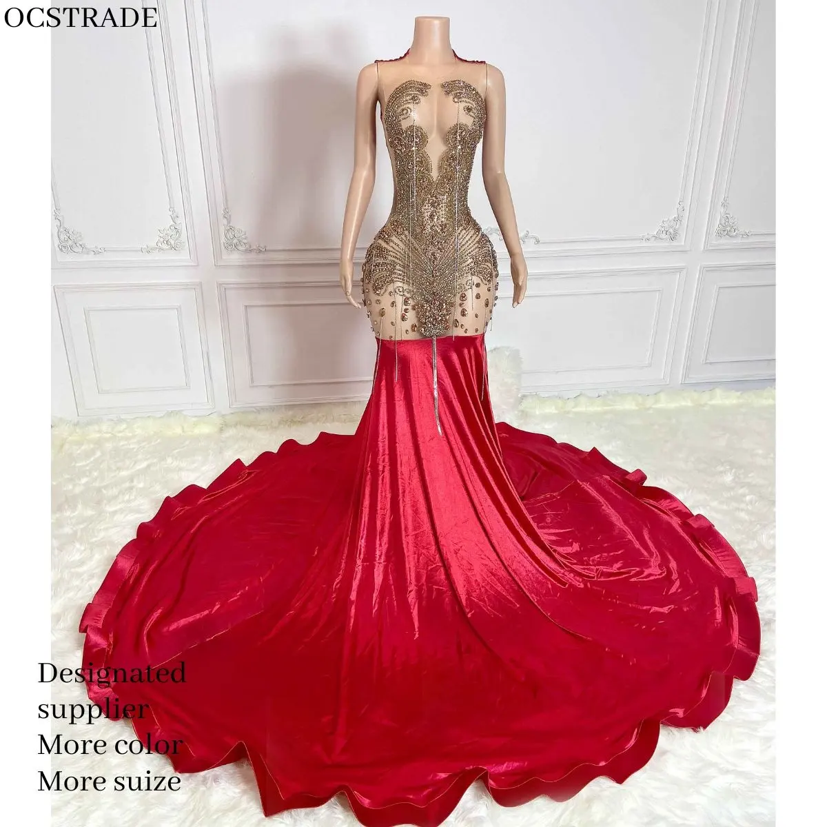 Rayon benzersiz elmas boncuklu Mermaid kat uzunluk uzun balo elbise Sparkly Rhinestone düğün elbisesi lüks Maxi abiye