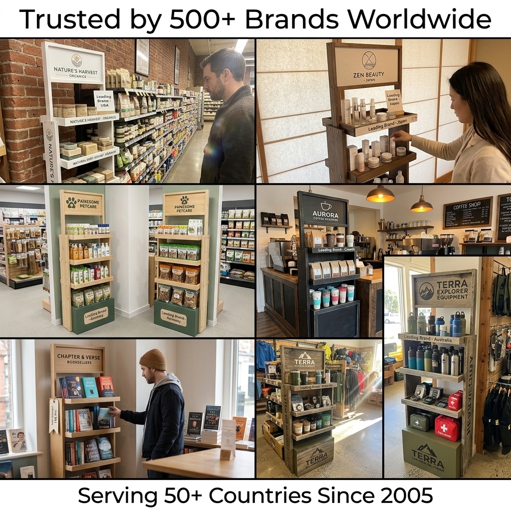 Wholesale Custom Wooden Beverage Display Rack Floor Standing Soda Sparkling Water Merchandiser Stand Natural Wood Juice Shelf — view 6