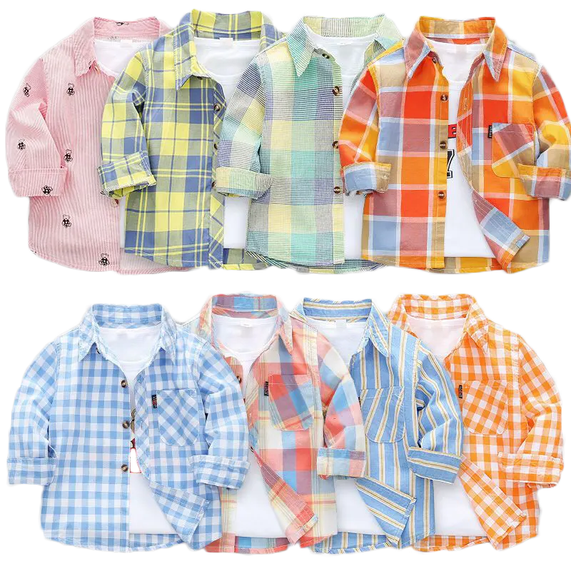 2023 New Boys And Girls Spring Autumn Baby Cotton Striped 1-7 Years Old Long-sleeved Coat Kids Plaid Dress Shirt For Children