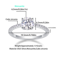Bague en argent sterling S925 avec moissanite taille brillant rond et pierres latérales en CZ, quatre griffes, 1ct 2ct 3ct pour femme