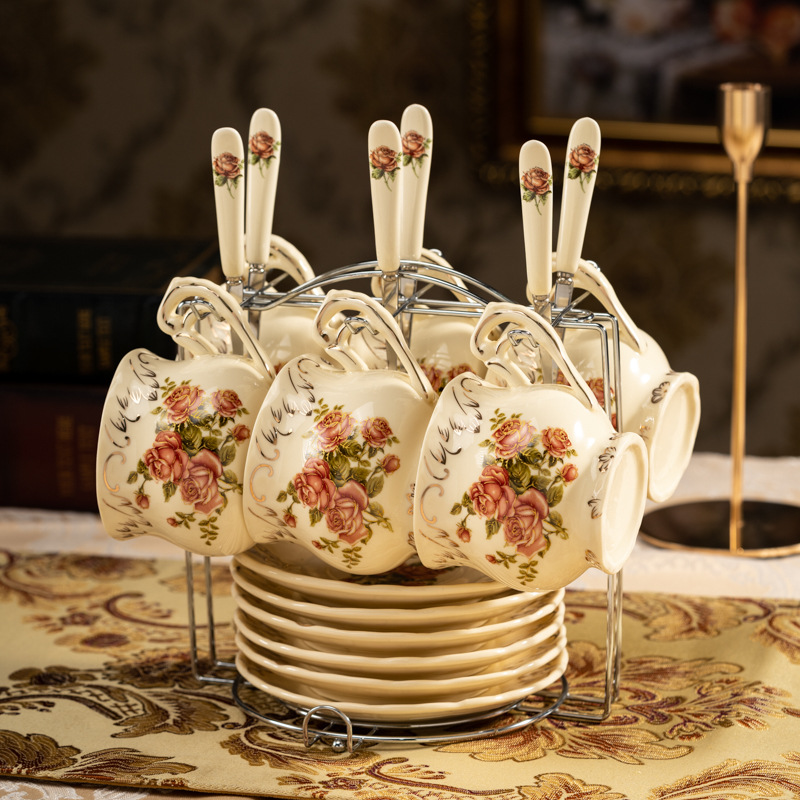 Présentoir à couverts Rose 6 tasses, 6 assiettes, avec support à cuillères - Fer antirouille.