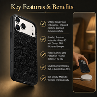 Étui de luxe en cuir véritable gaufré motif fleur Tang pour iPhone 18 17 16 15, coque arrière magnétique N52 pour chargement sans fil