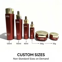 Ensemble d'emballages cosmétiques en verre rouge vide pour soins de la peau : flacon de toner, lotion, sérum, pot de crème pour le visage, logo, taille et couleur personnalisables