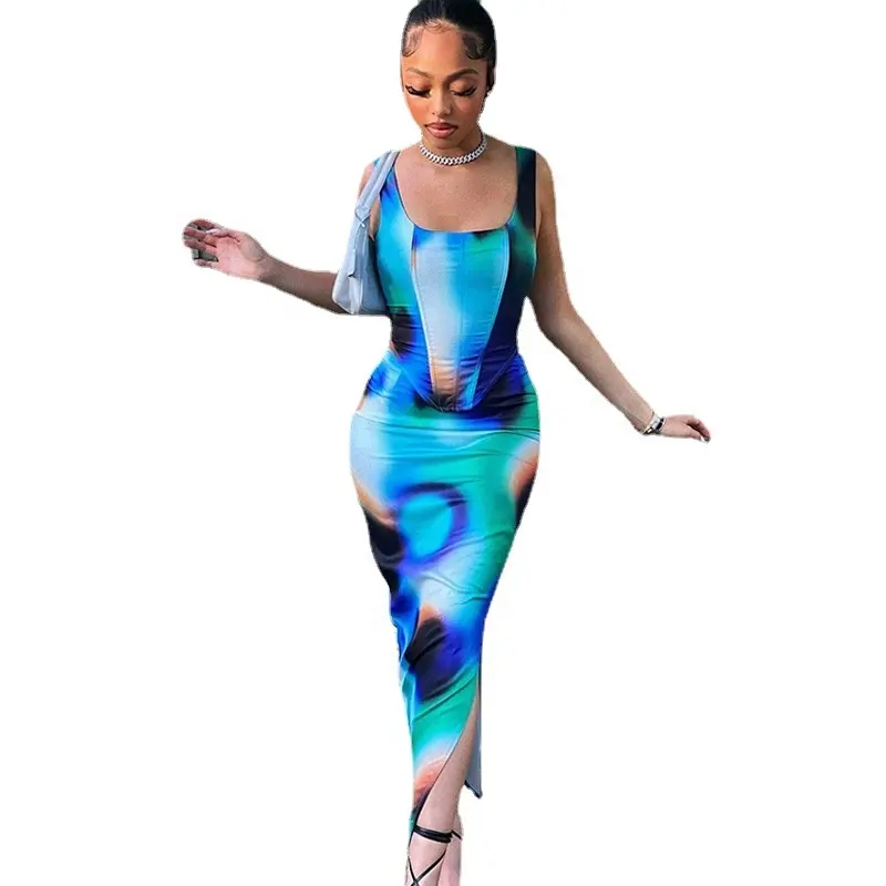 Liu Ming New Trending Women Sexy Printed Sleeveless Tees Long Skirt 2 Two Pieces Sets