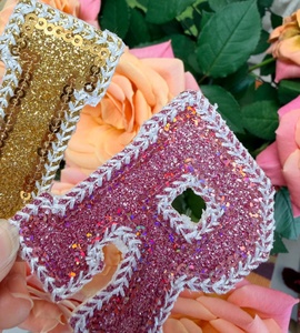 Anti-Fray & Crack Resistant Full Merrow Border Glitter Pink Bottom Letter Iron On <b>Sequin</b> Embroidery Patches for Clothing - Product Image 3