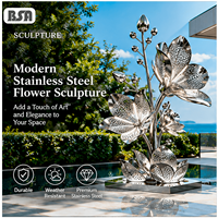 Sculpture de fleur de magnolia grande taille en acier inoxydable plaqué or avec éclairage LED, décoration de jardin moderne BSA