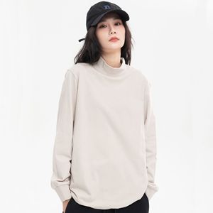 T-shirts pour femmes et hommes Nouveau t-shirt ample uni à col semi-haut et manches longues en coton peigné pur 230G - Product Image 2