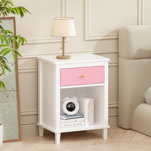 Mesita de noche de madera con un cajón y un estante, color rosa, para niños y adultos - Product Image 3