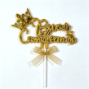 Decorazione per Torta '<span class=keywords><strong>Buon</strong></span> Compleanno' in Plastica Placcata Oro 3D, Corona Italiana per Feste di Compleanno, Prezzo di Fabbrica - Product Image 4