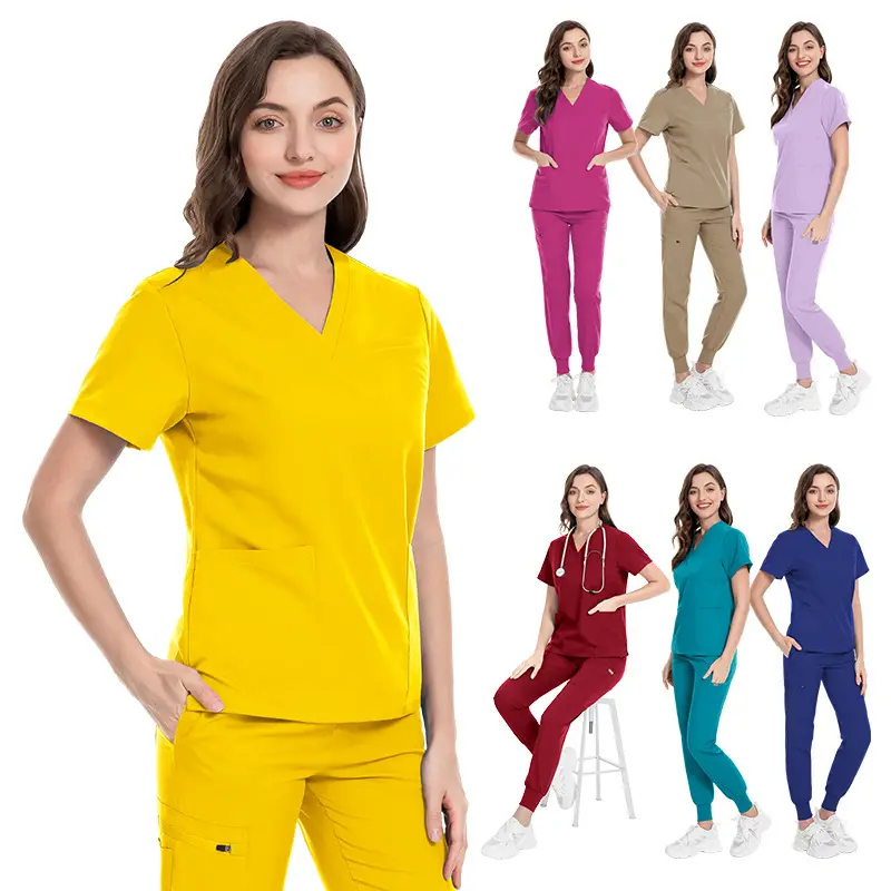 Haute qualité Anti-rides tissu doux rayonne spandex infirmière hôpital uniforme vêtements médicaux femmes et hommes Scrubs top Scrubs ensembles