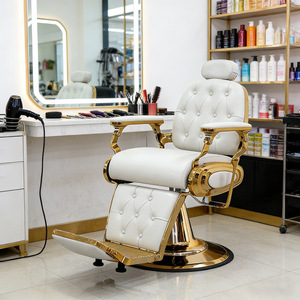 Sillón de Barbería Hidráulico Giratorio de Metal Plateado, Estilo Antiguo, Color Blanco Dorado, para Peluquería - Product Image 1