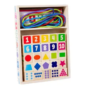 Wooden children's puzzle digital game enlightenment cognitive thinking digital shape beads wearing rope building blocks early ed