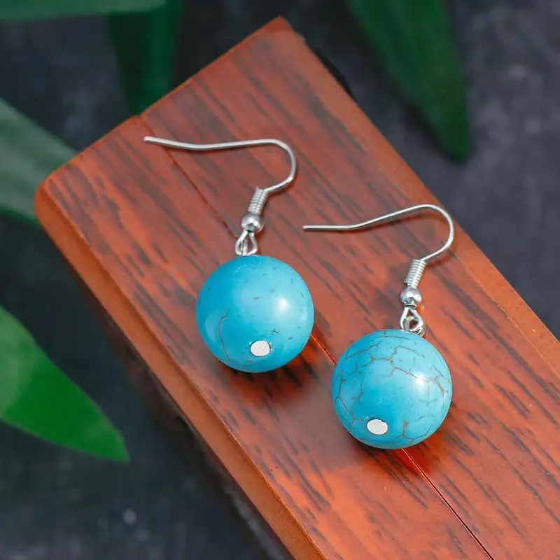 Orecchini pendenti con perle di pietra rotonde con Clip su orecchini orecchini pendenti con turchese blu incrinato a vento etnico vintage per ragazze da donna