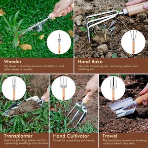 Juego de 10 Herramientas de Jardín de Acero Inoxidable de Alta Resistencia, Mango de Madera Antideslizante, Duraderas, Ergonómicas, Herramientas Manuales para Jardinería - Product Image 4