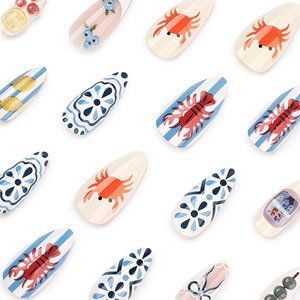 Faux ongles à presser bleus <span class=keywords><strong>et</strong></span> blancs à motif céramique 3D Baies Citron Cerise Tomate, finition douce, forme amande française, taille moyenne - Product Image 2