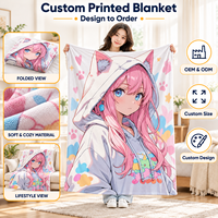 Couverture Anime Personnalisée Fille Chat aux Cheveux Roses, Imprimé Oreilles de Chat Kawaii, Décor Cœurs Pattes Étoiles, Douce et Confortable, Service de Conception Personnalisée OEM ODM