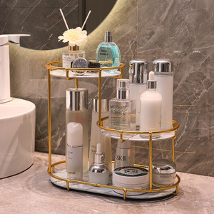 Bathroom Storage Rack 3 Tier Marble Top Gold Frame <b>Freestanding</b> Vanity Organizer for Cosmetics Toiletries - Product Image 2