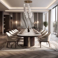 Ensemble table et chaises de salle à manger en bois massif, style luxe moderne, avec plateau en pierre frittée, 10 places, luxe.