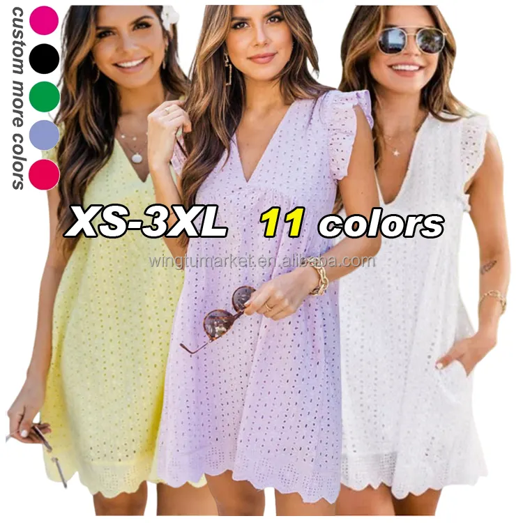 Wholesale women mini dress white elegant V neck ruffled sleeveless mesh casual summer sun dresses with shorts