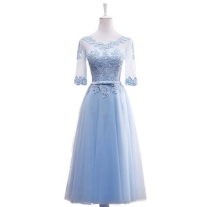 Elegant A-Line Bridesmaid Dress O-Neck Lace Tulle Mid-Length Formal Evening Gown For Wedding Party - Product Image 5