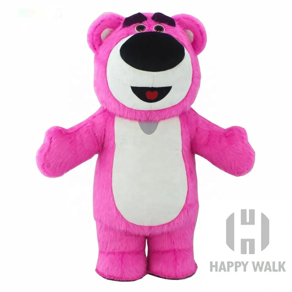 Disfraz de mascota inflable divertido de la isla feliz, disfraz de mascota inflable de dibujos animados grandes de oso rosa de felpa larga