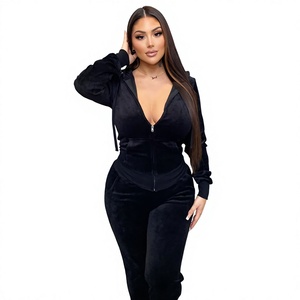 Mono largo de terciopelo negro con capucha y manga larga para mujer, cintura alta, ajuste ceñido, cremallera frontal, ropa de club - Product Image 1
