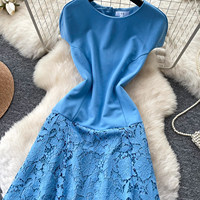 Robe élégante pour femmes, bleu, manches courtes, coupe évasée, dentelle, patchwork, décontractée, pour tous les jours, pour les fêtes, vêtements pour femmes