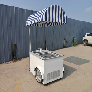 Chariot mobile pour la vente de glaces en acier inoxydable avec auvent rayé bleu et blanc - Product Image 5