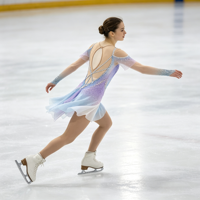Robe de patinage artistique à épaules dénudées, dégradé violet-bleu orné de strass, en tissu mesh pour compétition et spectacle sur glace (adultes et enfants)