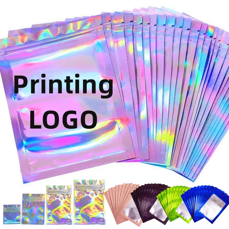 Custom Aluminum Foil Transparent Holographic Bag Resealable Smell Proof Food Small Ziplock Plastic Packaging Mylar Hologram Bags