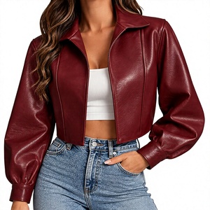 Women’s <b>Burgundy</b> Lambskin <b>Leather</b> <b>Jacket</b> Cropped Zip Front Long Sleeve Fashion Outerwear - Product Image 1