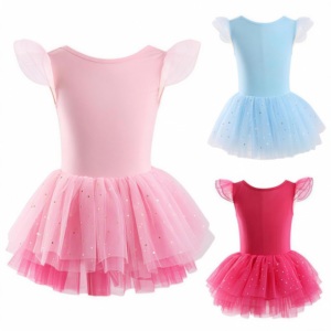 Robe de ballet tutu en tulle à manches volantées et paillettes étoiles pour filles, en polyester, avec taille élastique, pour la danse et la gymnastique des enfants - Product Image 1