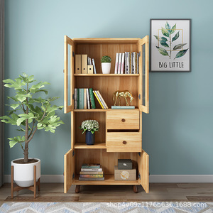 Xiuyuan Spring Scenery <b>Solid</b> <b>Wood</b> <b>Bookcase</b> With Glass Doors Floor Standing Display Cabinet For Study Home Use Rubber <b>Wood</b> - Product Image 4