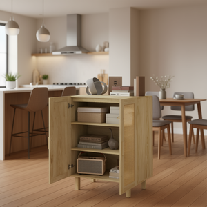 Mobile da Cucina a 2 Ante in Rattan Naturale con Ripiani Regolabili, Unità di Stoccaggio Moderna per Arredamento Casa - Product Image 2