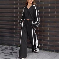 Ensemble 2 pièces tendance pour femme : haut court à col en V et pantalon large à rayures latérales, survêtement décontracté