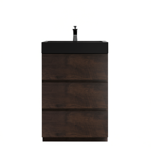 Meuble-lavabo de salle de bain moderne 24 pouces finition noyer, grand rangement, pré-assemblé, vasque monobloc noire, sur pied - Product Image 1