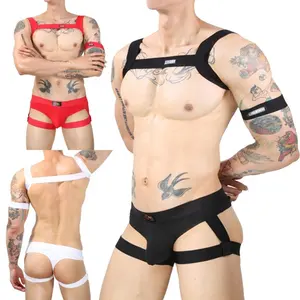 Men Nightclub Stage Costume Chest Harness Belt Tank Top with Shorts Lingerie Suit