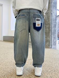 กางเกงยีนส์ขาตรงทรงหลวมใส่สบายสำหรับผู้ชายใส่ได้ทุกฤดูกางเกงผ้ายืดเอวสูงพิมพ์ลายตัวอักษรสไตล์ผู้ชาย - Product Image 3