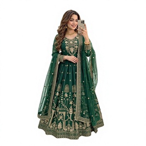Vestido de Fiesta Largo Elástico con Bordado de Lentejuelas de 5mm Fox Georgette y Conjunto de Pantalón y Dupatta, Listo para Usar - Product Image 1