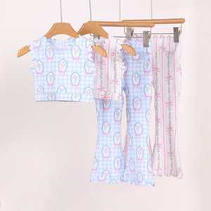 Completo Yoga Estivo per Ragazze, Set 2 Pezzi con Stampa a Righe e Fiocco, Top Senza Maniche con Bordo Smerlato e <span class=keywords><strong>Pantaloni</strong></span> a Zampa - Product Image 4