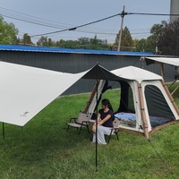 Tente Gonflable de Gros à 2 Portes et 2 Fenêtres, en Oxford Beige Enduit Argent, Cabane de Glamping Extérieure avec Auvent Étendu