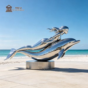 Sculpture de dauphin sirène en acier inoxydable TREVI |   Statue de sirène chevauchant <span class=keywords><strong>un</strong></span> dauphin, finition miroir, pour la <span class=keywords><strong>d</strong></span>écoration de piscines et de complexes hôteliers - Product Image 4